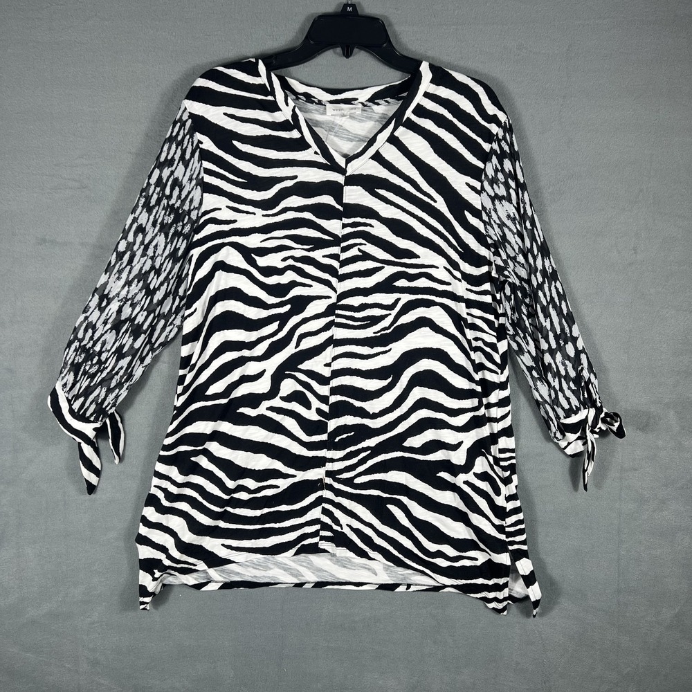Westbound Women's L Black White Zebra Animal Print V-Neck Tunic Top Tie Sleeves